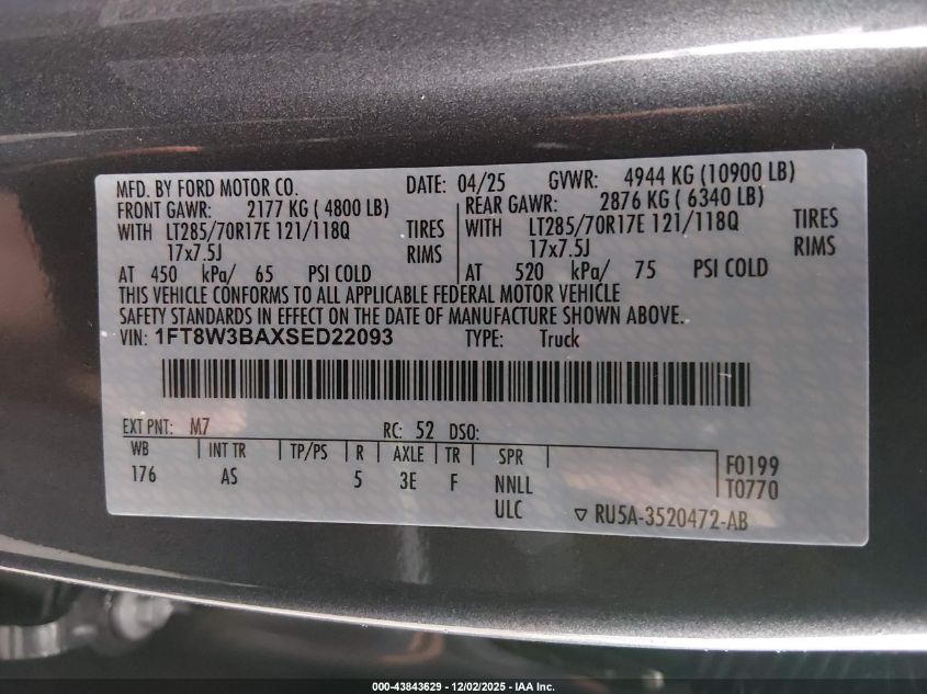 2025 Ford F-350 Xl VIN: 1FT8W3BAXSED22093 Lot: 43843629