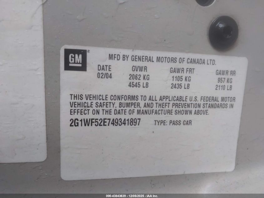 2004 Chevrolet Impala VIN: 2G1WF52E749341897 Lot: 43843639