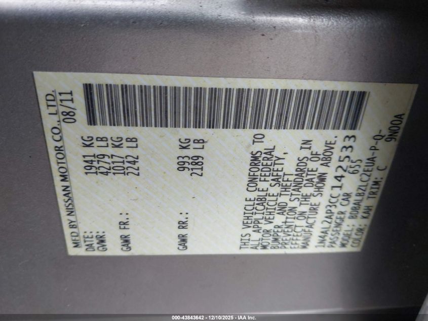 2012 Nissan Altima 2.5 S VIN: 1N4AL2AP3CC142533 Lot: 43843642