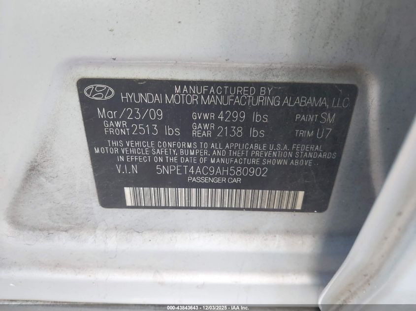 2010 Hyundai Sonata Gls VIN: 5NPET4AC9AH580902 Lot: 43843643