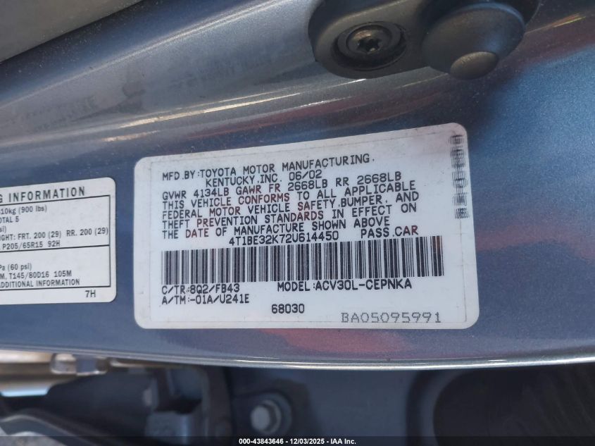 2002 Toyota Camry Le VIN: 4T1BE32K72U614450 Lot: 43843646