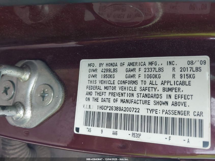 2009 Honda Accord 2.4 Lx VIN: 1HGCP26389A200722 Lot: 43843647