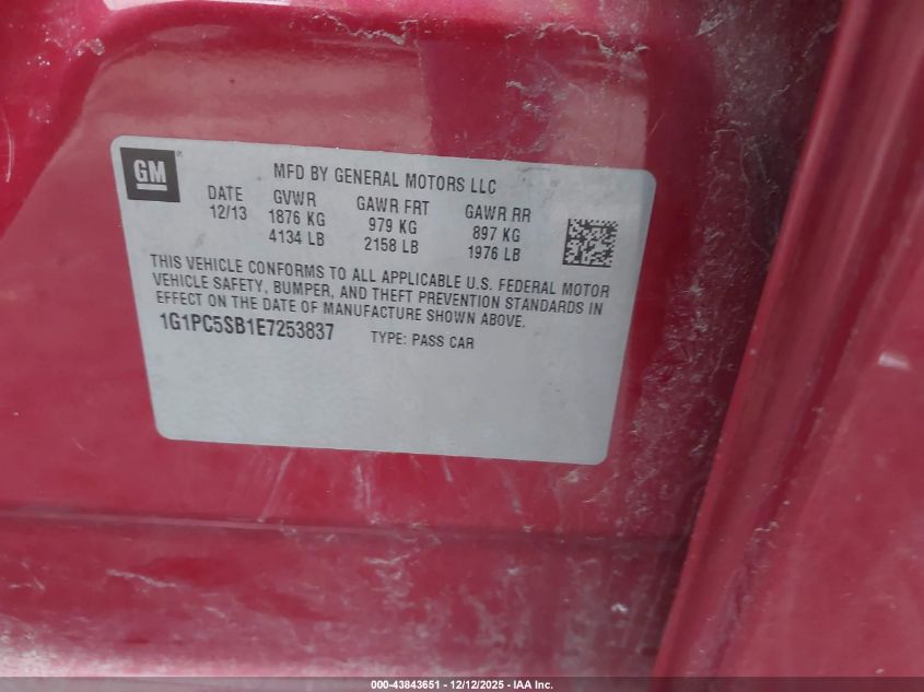 2014 Chevrolet Cruze 1Lt Auto VIN: 1G1PC5SB1E7253837 Lot: 43843651