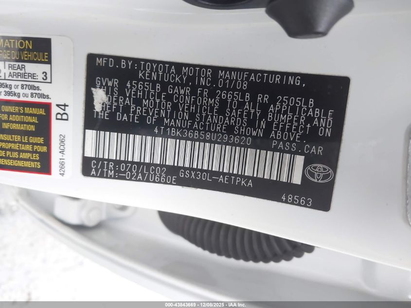 2008 Toyota Avalon Limited VIN: 4T1BK36B58U293620 Lot: 43843669