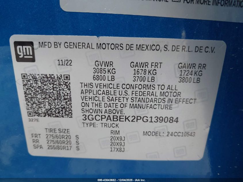 2023 Chevrolet Silverado 1500 2Wd Short Bed Custom VIN: 3GCPABEK2PG139084 Lot: 43843682