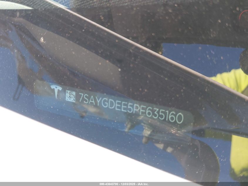 2023 Tesla Model Y Awd/Long Range Dual Motor All-Wheel Drive VIN: 7SAYGDEE5PF635160 Lot: 43843700
