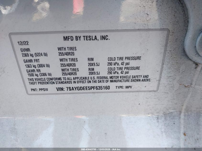 2023 Tesla Model Y Awd/Long Range Dual Motor All-Wheel Drive VIN: 7SAYGDEE5PF635160 Lot: 43843700