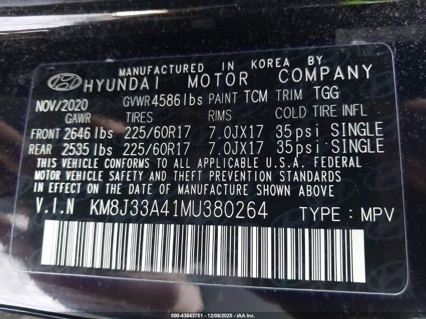 2021 Hyundai Tucson Value VIN: KM8J33A41MU380264 Lot: 43843701