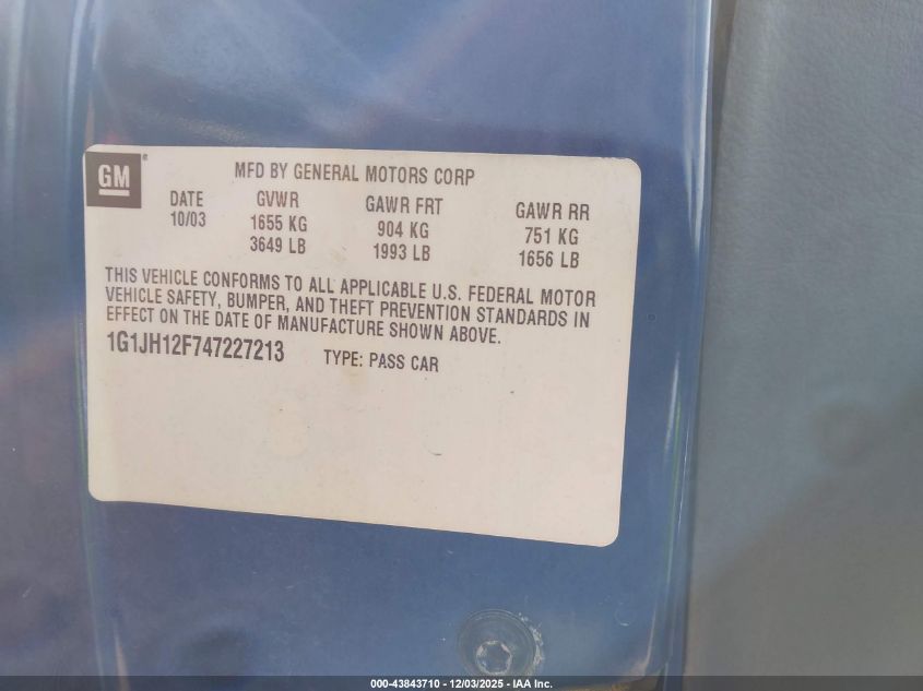 2004 Chevrolet Cavalier Ls Sport VIN: 1G1JH12F747227213 Lot: 43843710