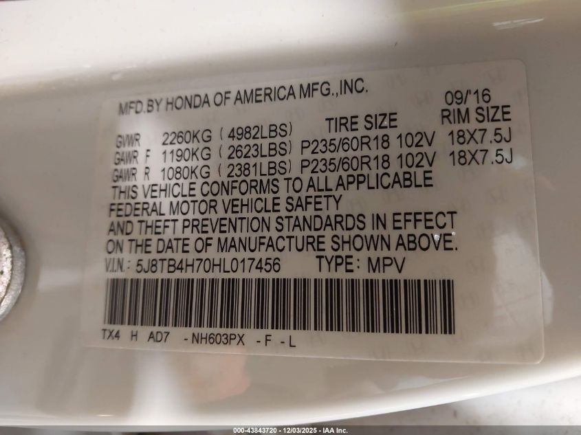 2017 Acura Rdx Advance Package VIN: 5J8TB4H70HL017456 Lot: 43843720