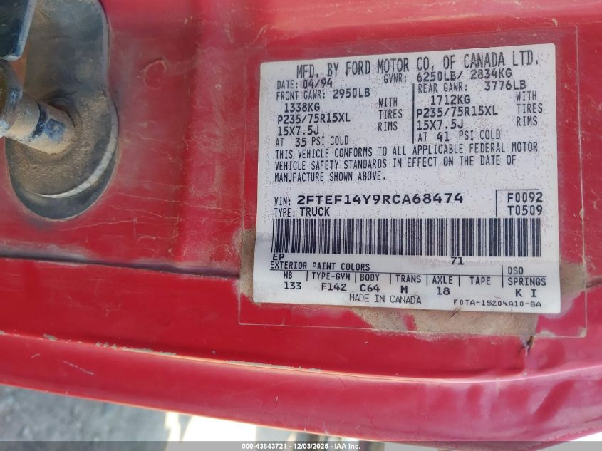 1994 Ford F150 VIN: 2FTEF14Y9RCA68474 Lot: 43843721