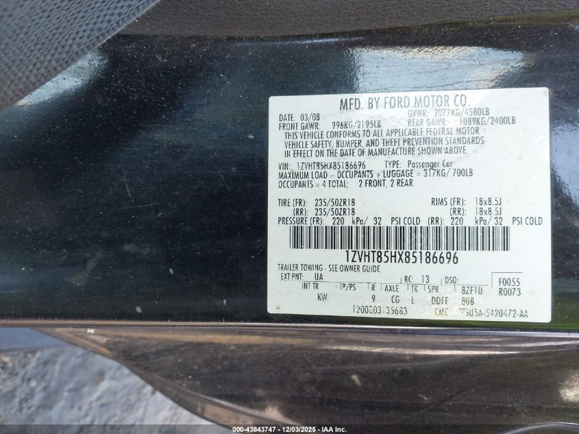 2008 Ford Mustang Gt Deluxe/Gt Premium VIN: 1ZVHT85HX85186696 Lot: 43843747