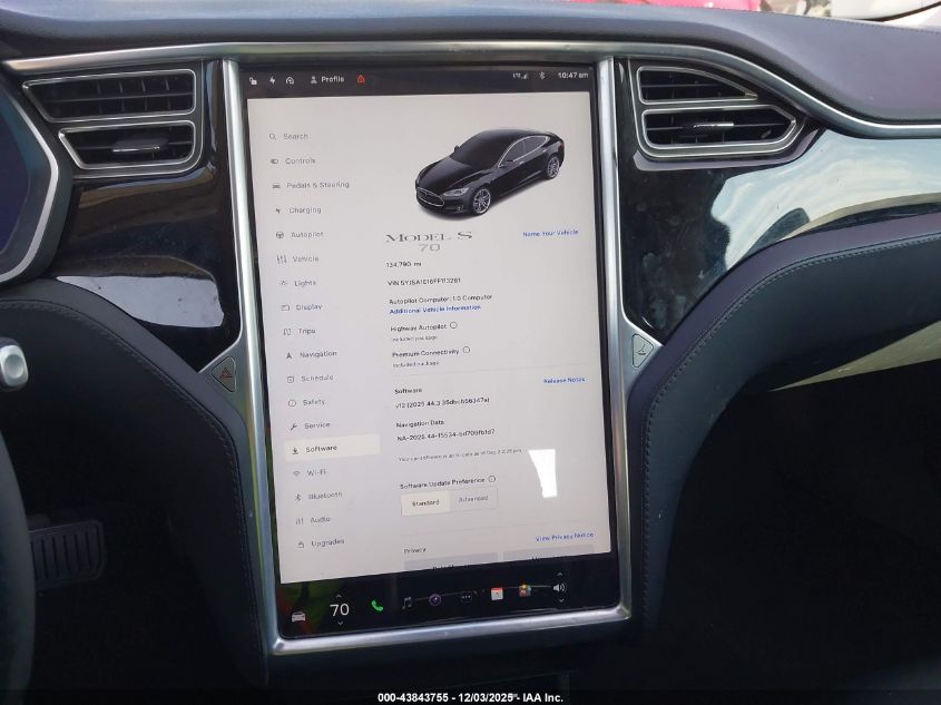 2015 Tesla Model S 60/70/85 VIN: 5YJSA1E16FF113281 Lot: 43843755