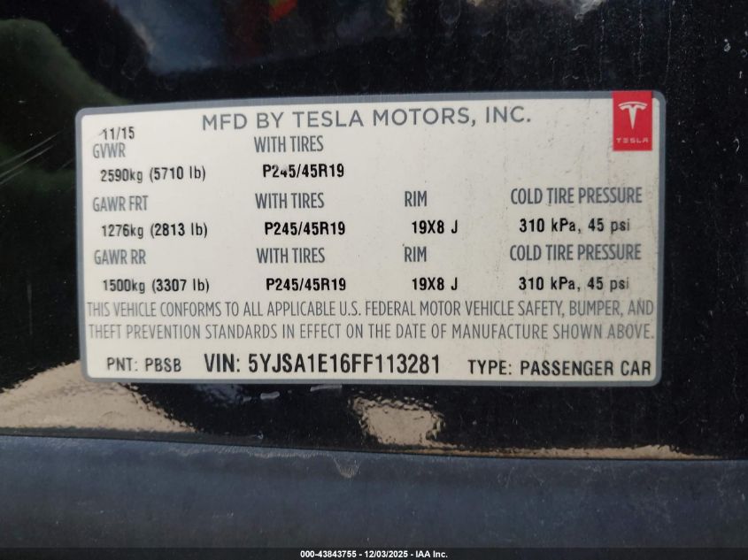 2015 Tesla Model S 60/70/85 VIN: 5YJSA1E16FF113281 Lot: 43843755