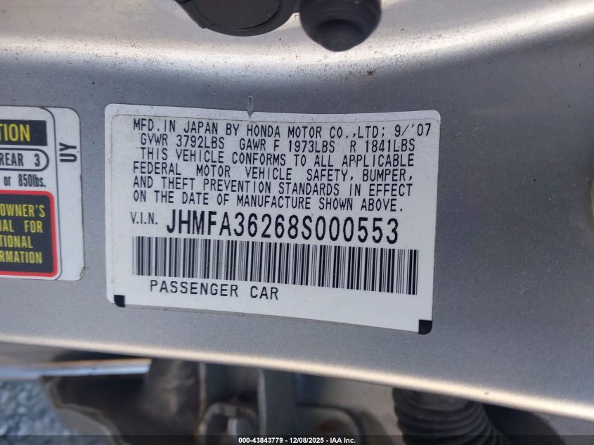 2008 Honda Civic Hybrid VIN: JHMFA36268S000553 Lot: 43843779