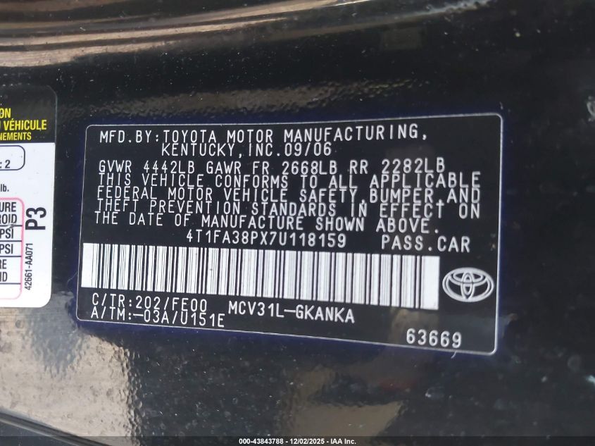 2007 Toyota Camry Solara Se VIN: 4T1FA38PX7U118159 Lot: 43843788