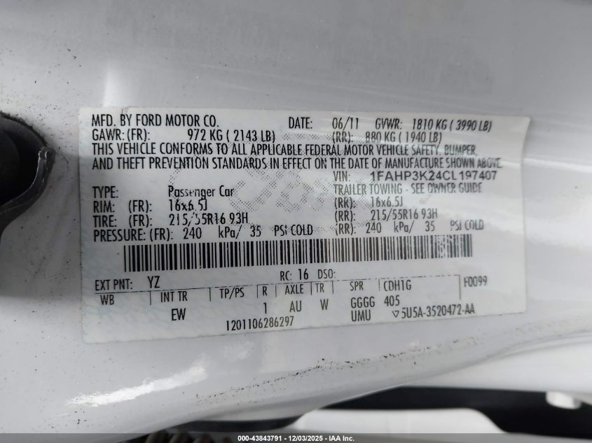 2012 Ford Focus Se VIN: 1FAHP3K24CL197407 Lot: 43843791