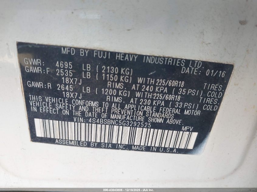 2016 Subaru Outback VIN: 4S4BSBNC5G329252 Lot: 43843806