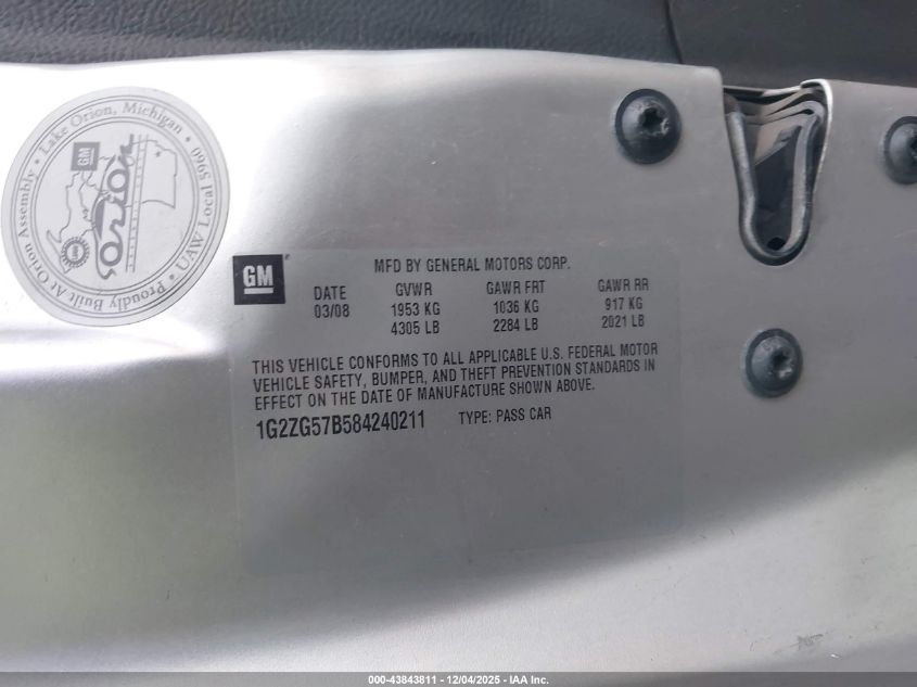 2008 Pontiac G6 VIN: 1G2ZG57B584240211 Lot: 43843811