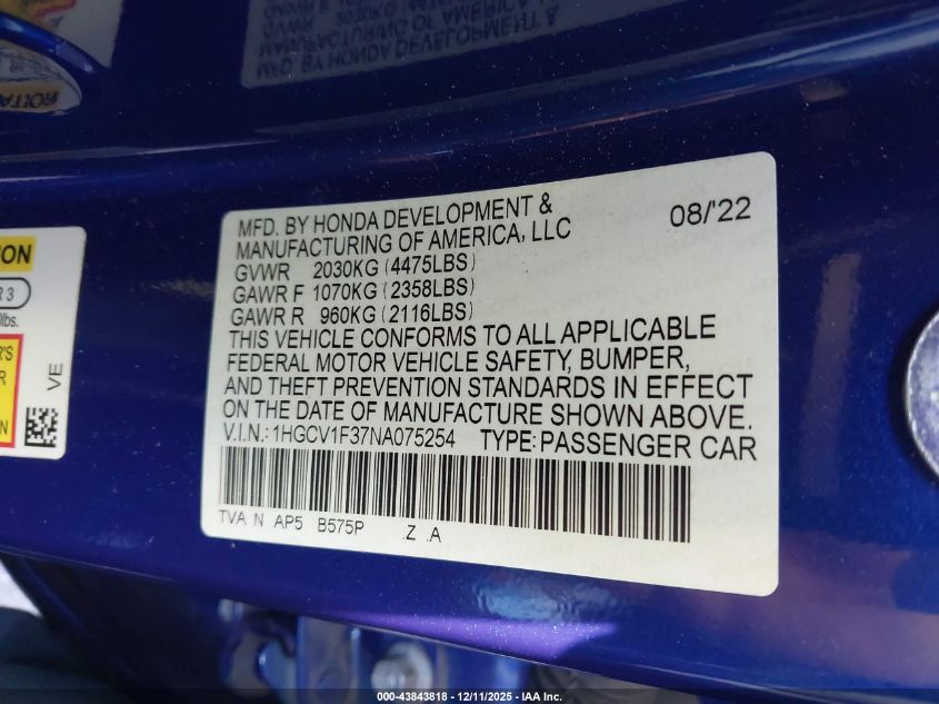 2022 Honda Accord Sport VIN: 1HGCV1F37NA075254 Lot: 43843818