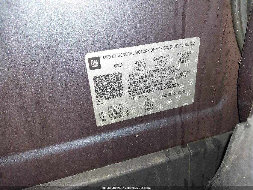 2019 Chevrolet Equinox Lt VIN: 3GNAXKEV7KL293635 Lot: 43843824