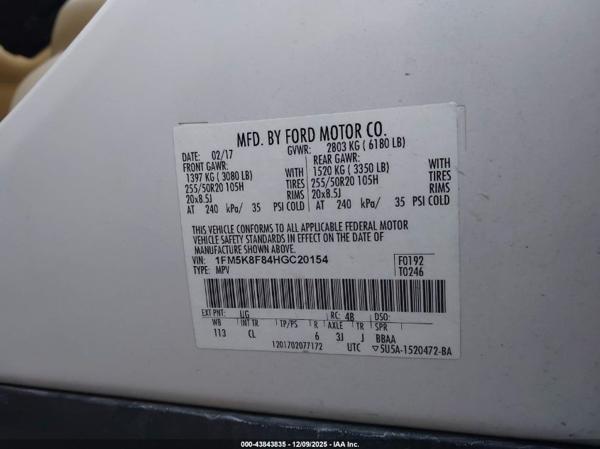 2017 Ford Explorer Limited VIN: 1FM5K8F84HGC20154 Lot: 43843835