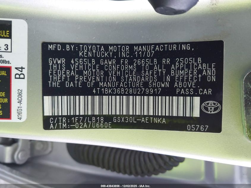 2008 Toyota Avalon Touring VIN: 4T1BK36B28U279917 Lot: 43843856