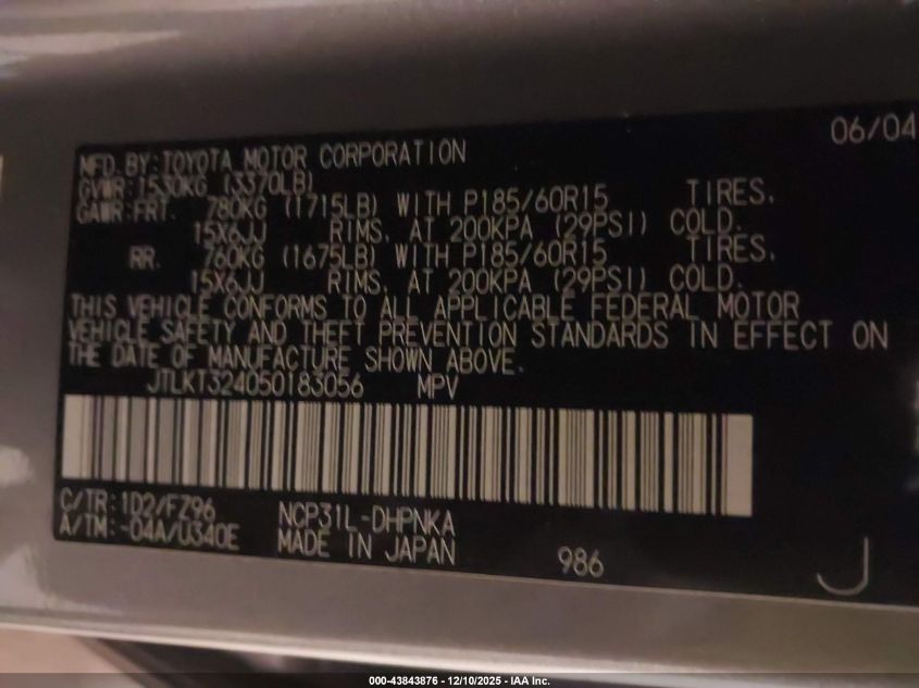 2005 Scion Xb VIN: JTLKT324050183056 Lot: 43843876