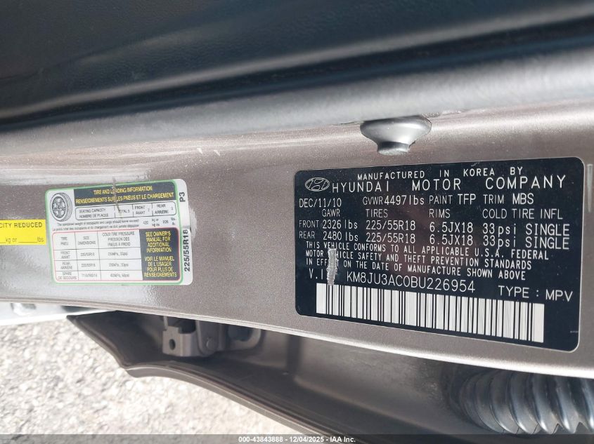2011 Hyundai Tucson Limited VIN: KM8JU3AC0BU226954 Lot: 43843888