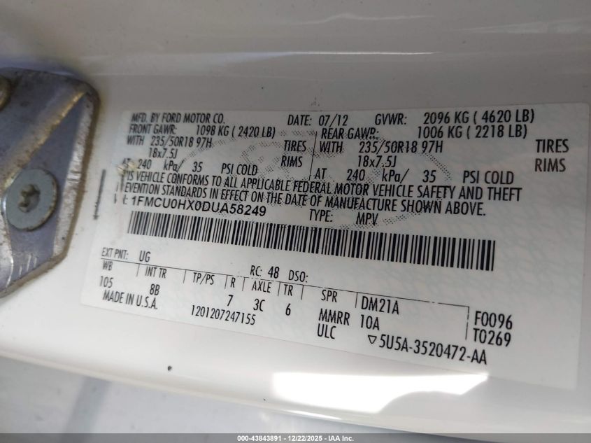 2013 Ford Escape Sel VIN: 1FMCU0HX0DUA58249 Lot: 43843891