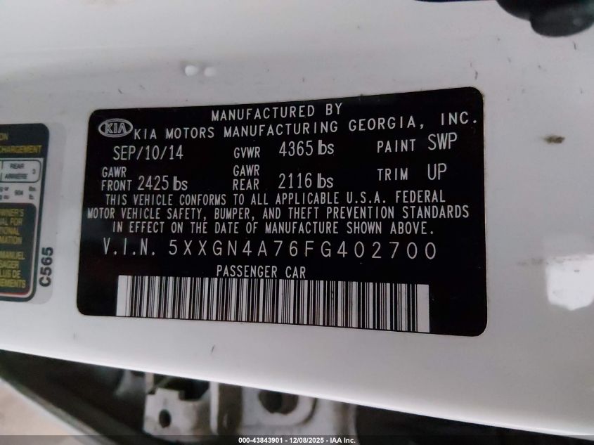 2015 Kia Optima Ex VIN: 5XXGN4A76FG402700 Lot: 43843901