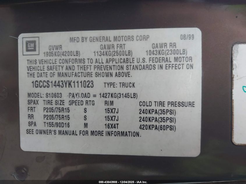 2000 Chevrolet S-10 Ls VIN: 1GCCS1443YK111023 Lot: 43843908