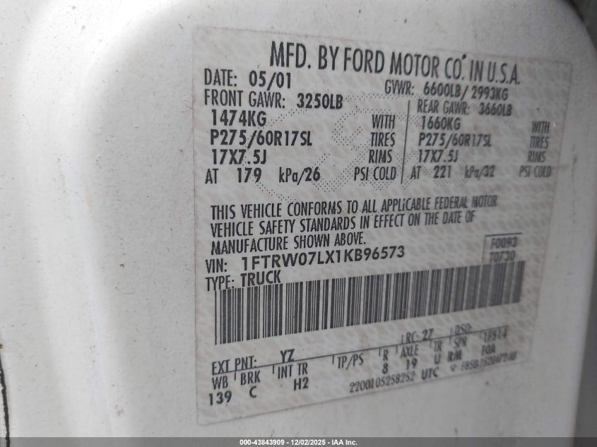 2001 Ford F-150 Harley-Davidson Edition/King Ranch Edition/Lariat/Xlt VIN: 1FTRW07LX1KB96573 Lot: 43843909