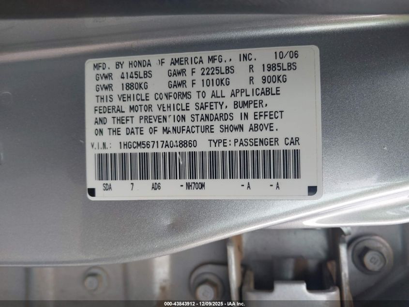 2007 Honda Accord 2.4 Ex VIN: 1HGCM56717A048860 Lot: 43843912