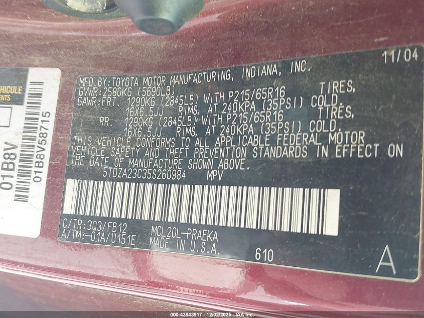 2005 Toyota Sienna Le VIN: 5TDZA23C35S260984 Lot: 43843917