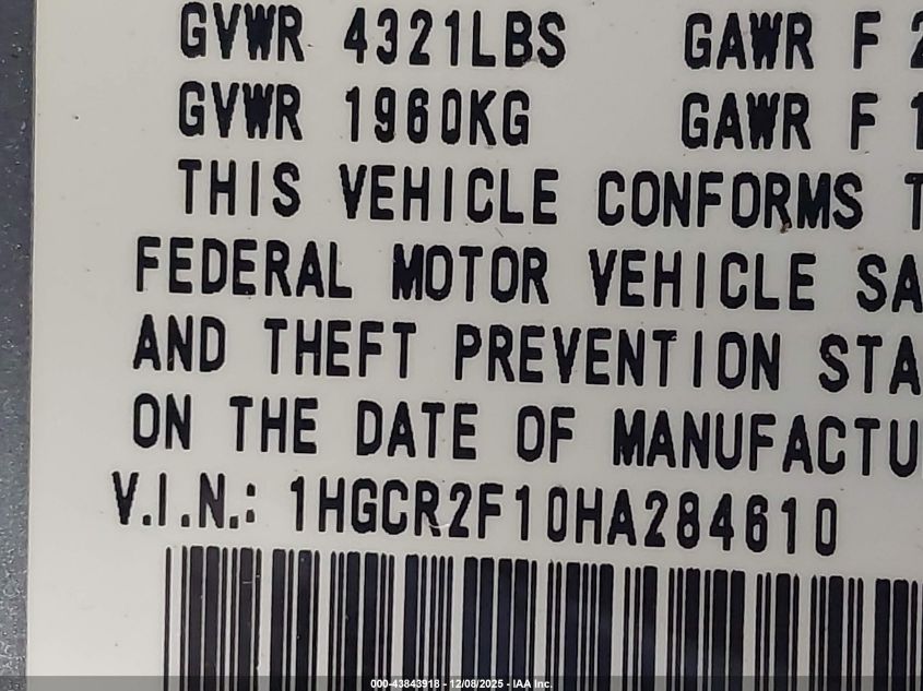 2017 Honda Accord Sport Se VIN: 1HGCR2F10HA284610 Lot: 43843918