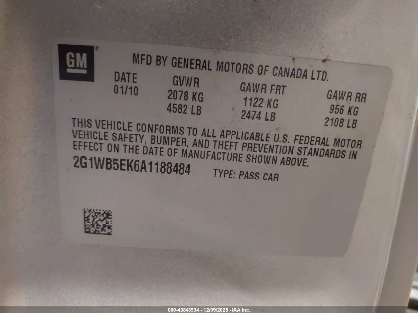 2010 Chevrolet Impala Lt VIN: 2G1WB5EK6A1188484 Lot: 43843934