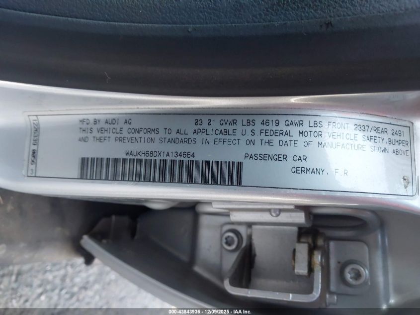2001 Audi A4 2.8 Avant VIN: WAUKH68DX1A134664 Lot: 43843936