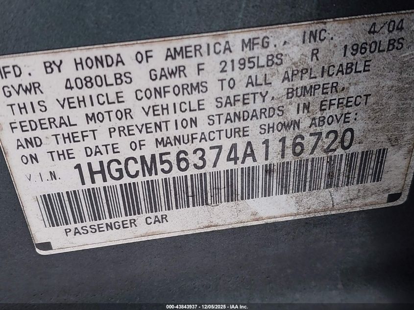 2004 Honda Accord 2.4 Lx VIN: 1HGCM56374A116720 Lot: 43843937