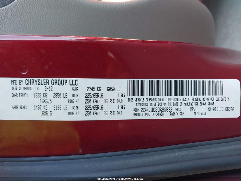 2012 Chrysler Town & Country Touring VIN: 2C4RC1BG8CR260882 Lot: 43843939