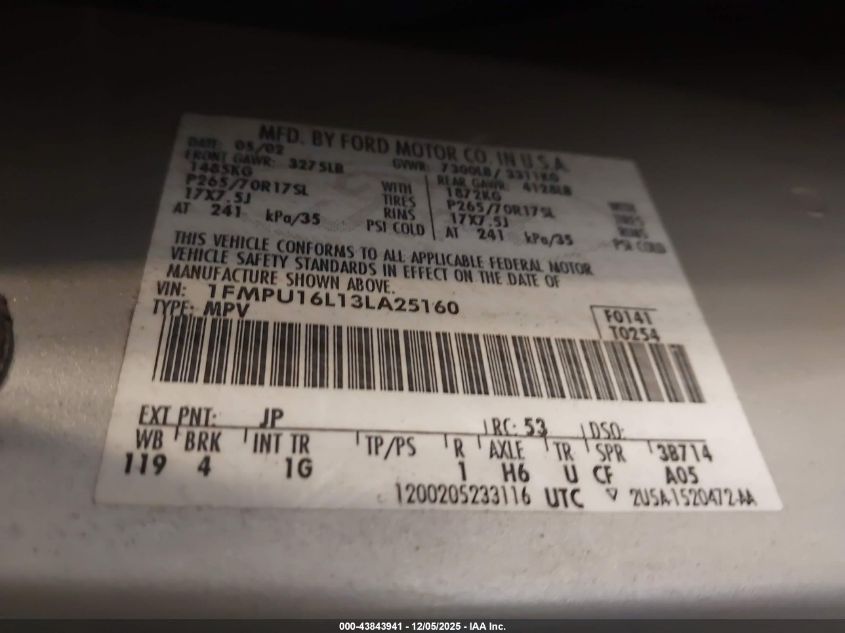 2003 Ford Expedition Xlt VIN: 1FMPU16L13LA25160 Lot: 43843941