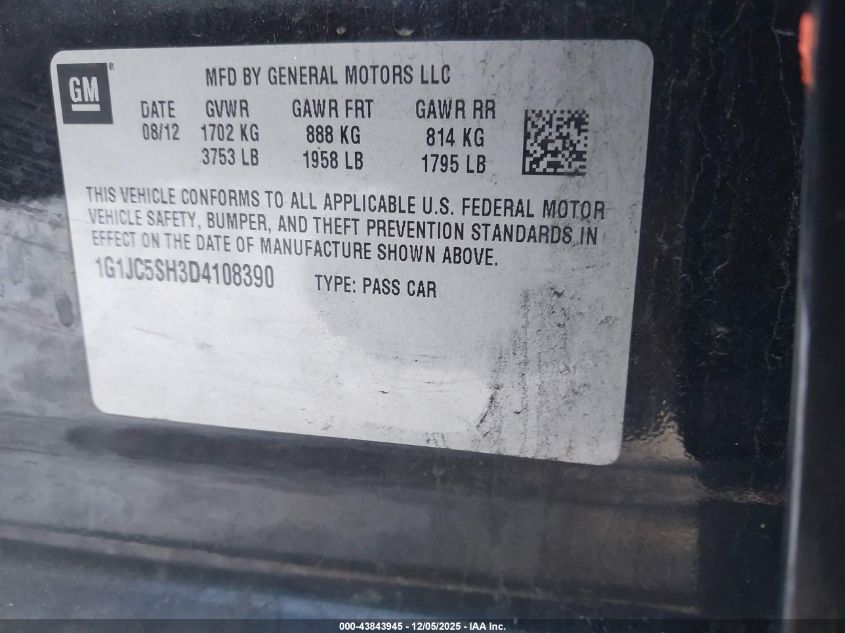 2013 Chevrolet Sonic Lt Auto VIN: 1G1JC5SH3D4108390 Lot: 43843945