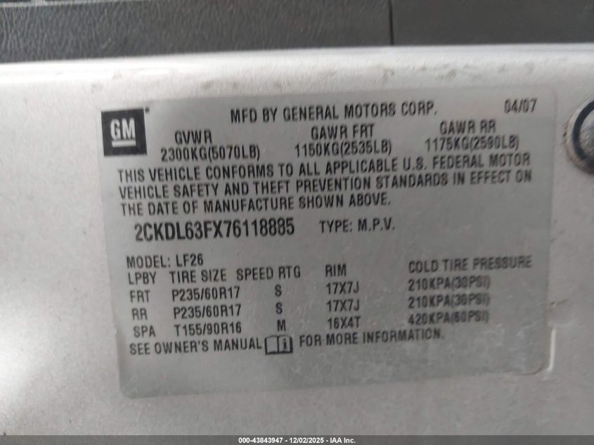 2007 Pontiac Torrent VIN: 2CKDL63FX76118885 Lot: 43843947