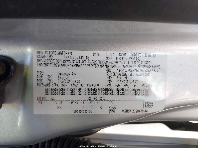 2014 Ford Focus Se VIN: 1FADP3F26EL438153 Lot: 43843956