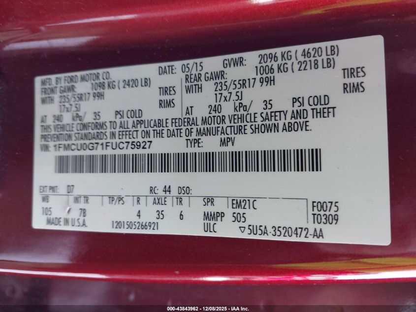 2015 Ford Escape Se VIN: 1FMCU0G71FUC75927 Lot: 43843962