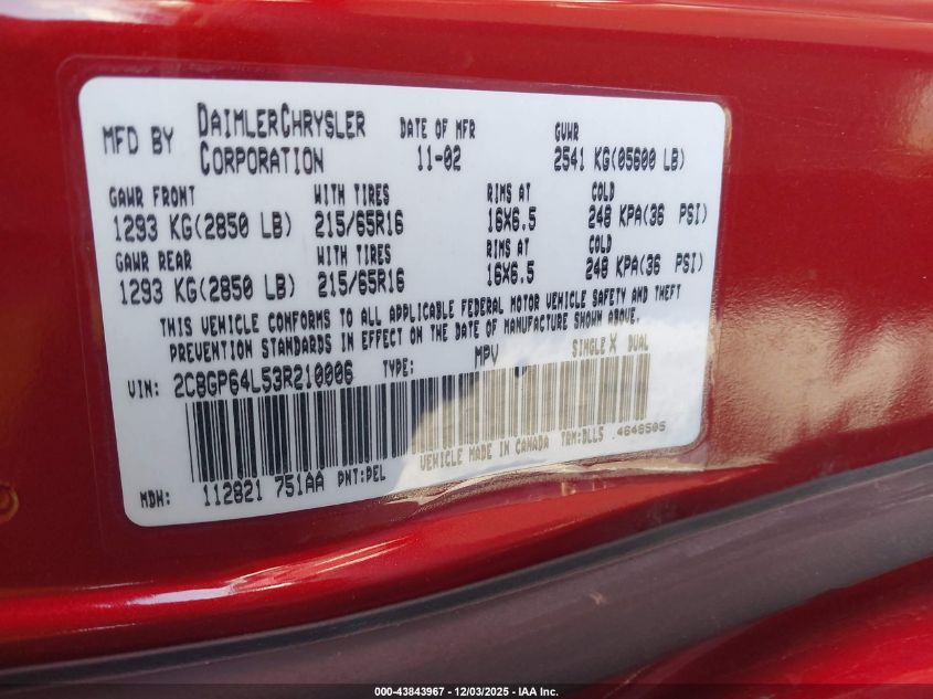 2003 Chrysler Town & Country Limited VIN: 2C8GP64L53R210006 Lot: 43843967