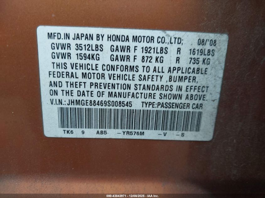 2009 Honda Fit Sport VIN: JHMGE88469S008545 Lot: 43843971