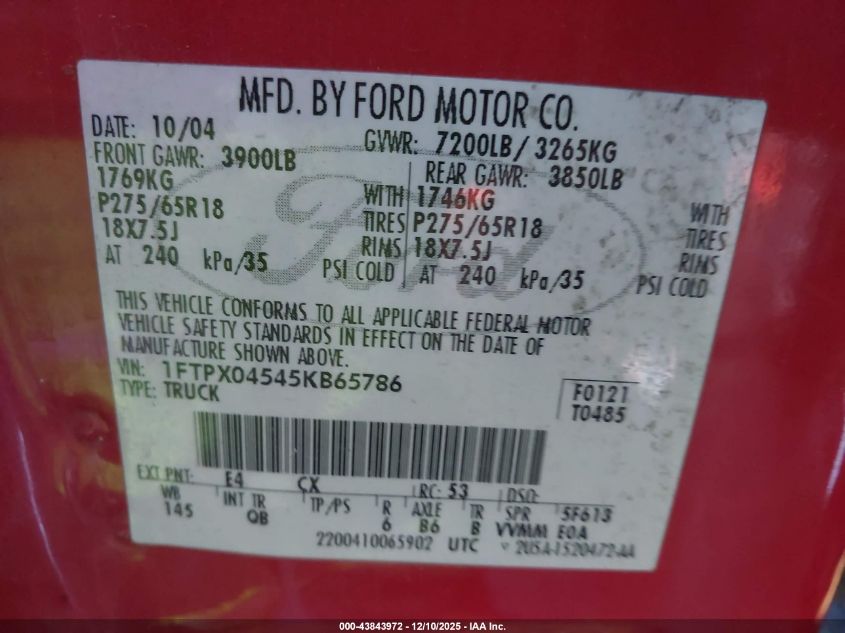 2005 Ford F-150 Fx4/Xlt VIN: 1FTPX04545KB65786 Lot: 43843972