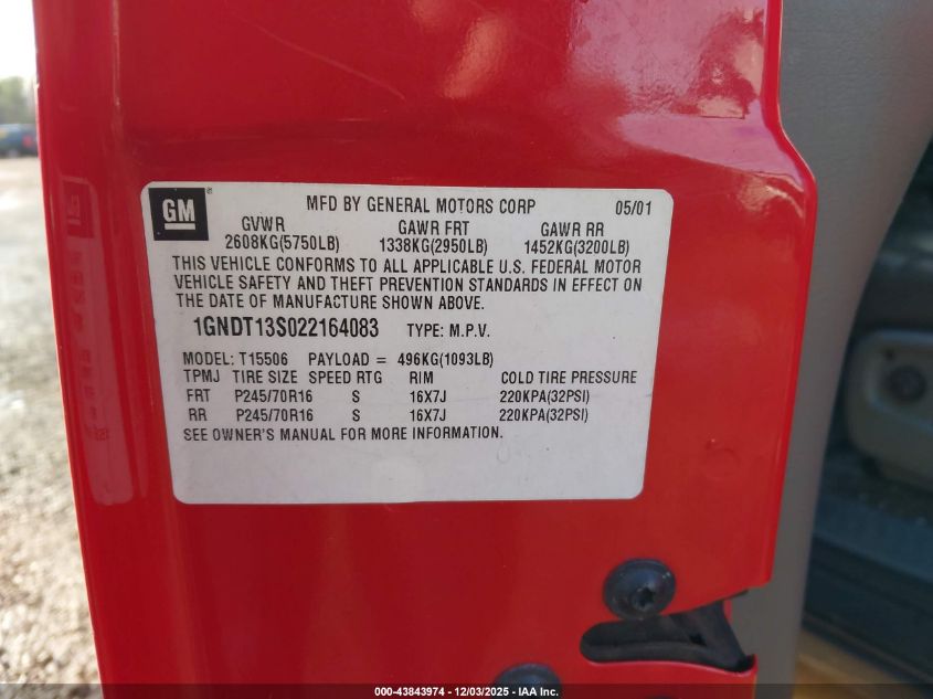 2002 Chevrolet Trailblazer Lt VIN: 1GNDT13S022164083 Lot: 43843974