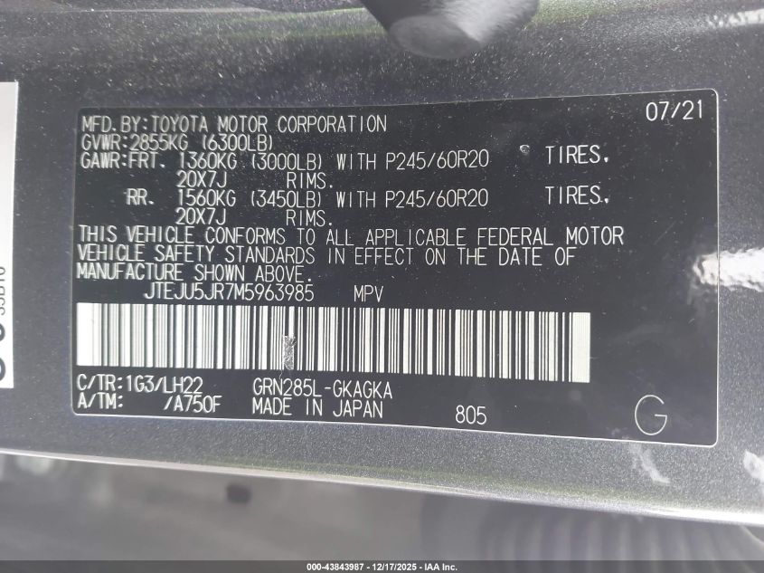 2021 Toyota 4Runner Nightshade Special Edition VIN: JTEJU5JR7M5963985 Lot: 43843987